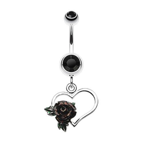 Black Glittering Sweet Heart w/ Rose Belly Button Ring
