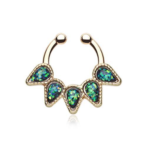 Black Golden Opal Quinary Spear Fake Septum Clip-On Ring