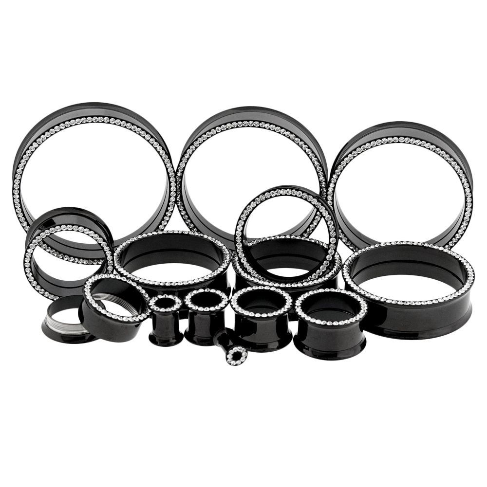 Tunnels - Double Flare Black Internally Threaded Clear Gemmed Tunnel - 1 Piece -Rebel Bod-RebelBod