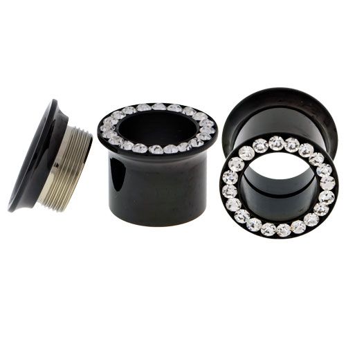 Tunnels - Double Flare Black Internally Threaded Clear Gemmed Tunnel - 1 Piece -Rebel Bod-RebelBod