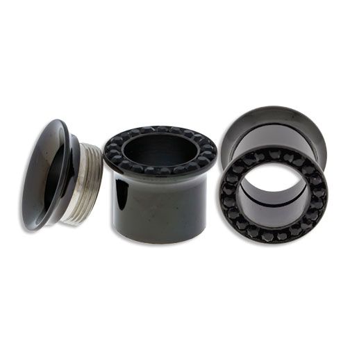 Tunnels - Double Flare Black Internally Threaded Tunnel With Black Gems - 1 Piece -Rebel Bod-RebelBod