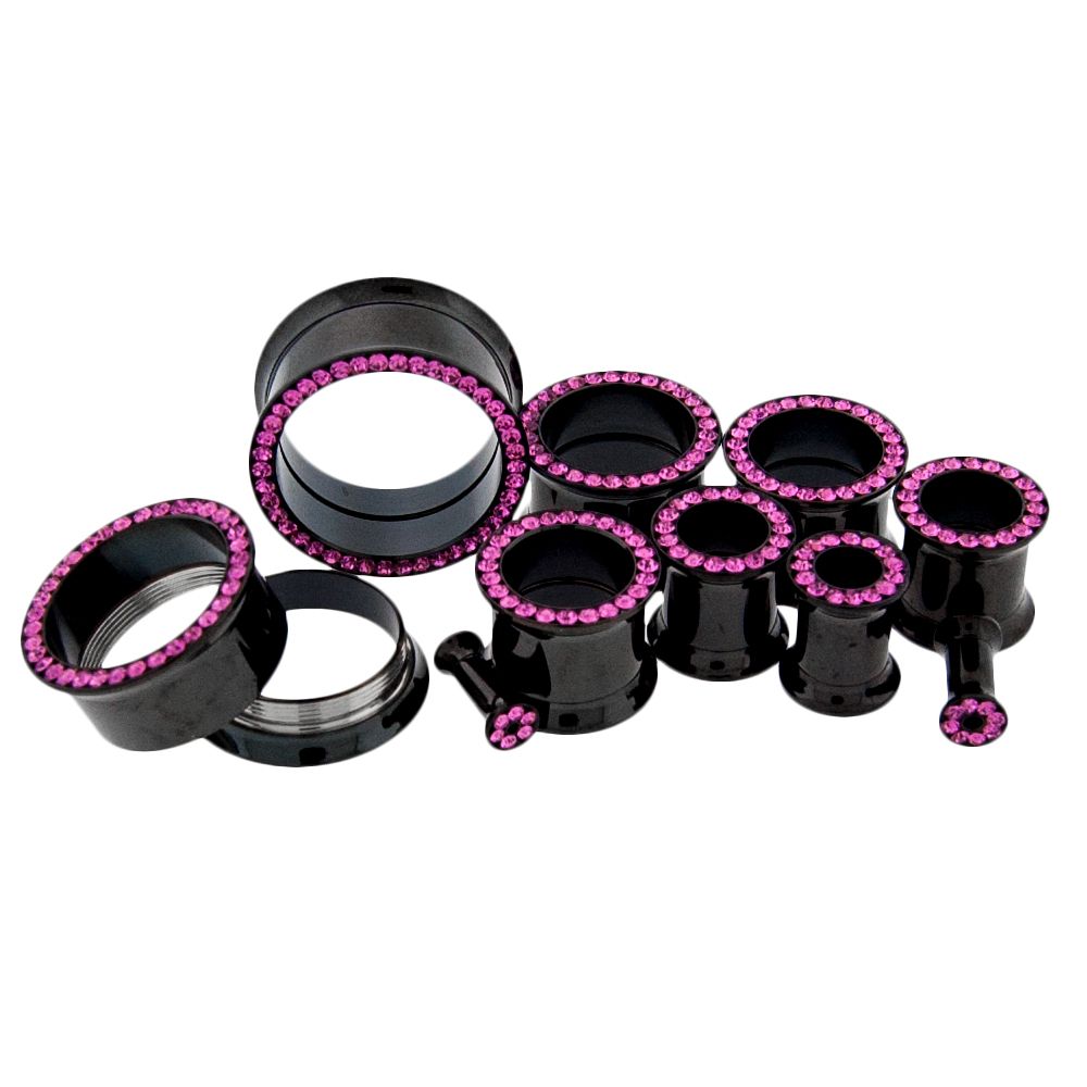 Tunnels - Double Flare Black Internally Threaded Tunnels With Pink Gem Channel - 1 Piece -Rebel Bod-RebelBod