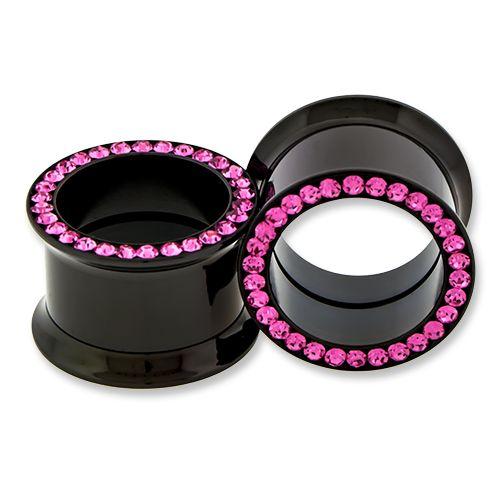 Tunnels - Double Flare Black Internally Threaded Tunnels With Pink Gem Channel - 1 Piece -Rebel Bod-RebelBod