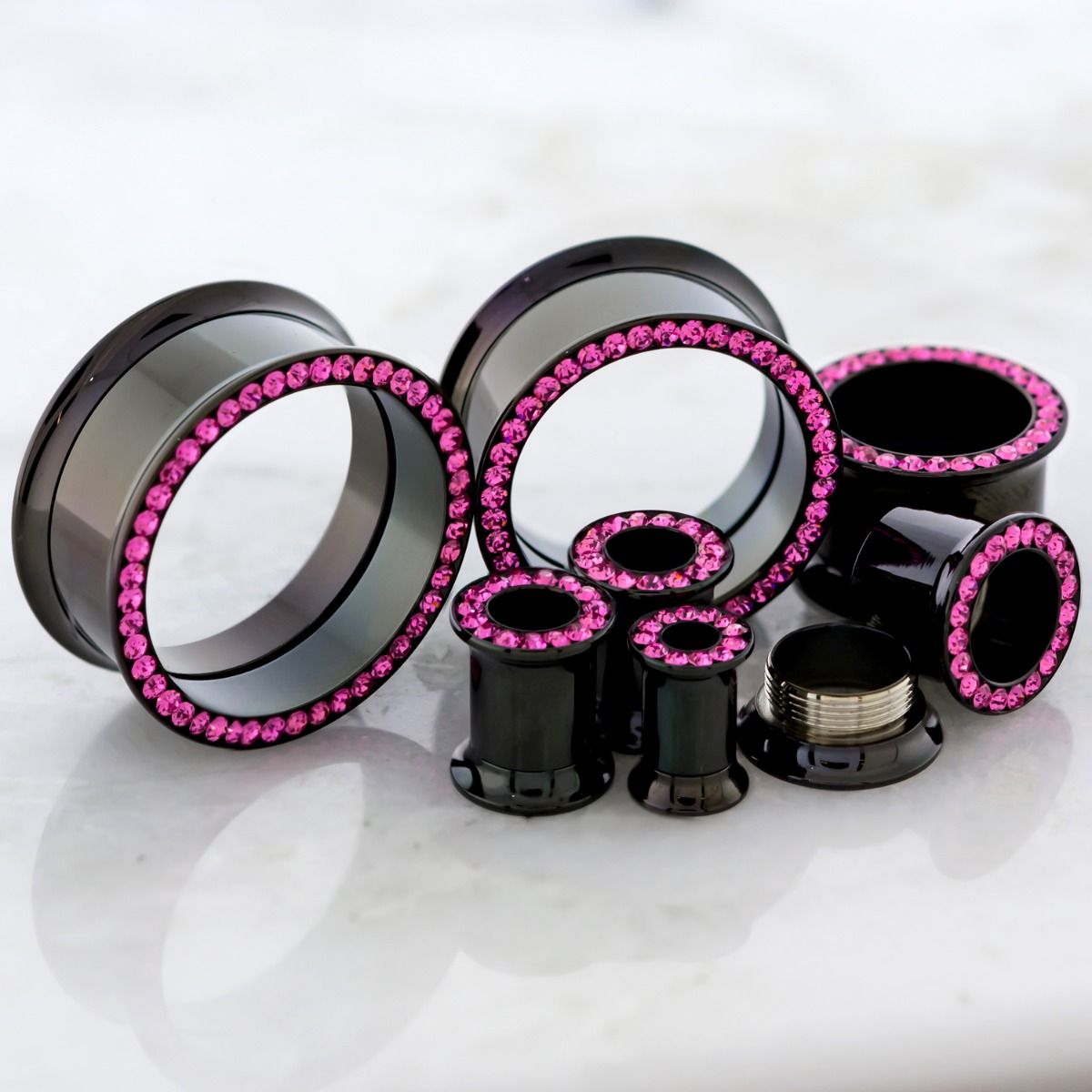 Tunnels - Double Flare Black Internally Threaded Tunnels With Pink Gem Channel - 1 Piece -Rebel Bod-RebelBod