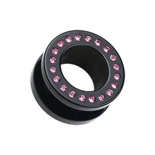 Black/Pink Gems Encircle Screw-Fit Ear Gauge Tunnel Plug - 1 Pair