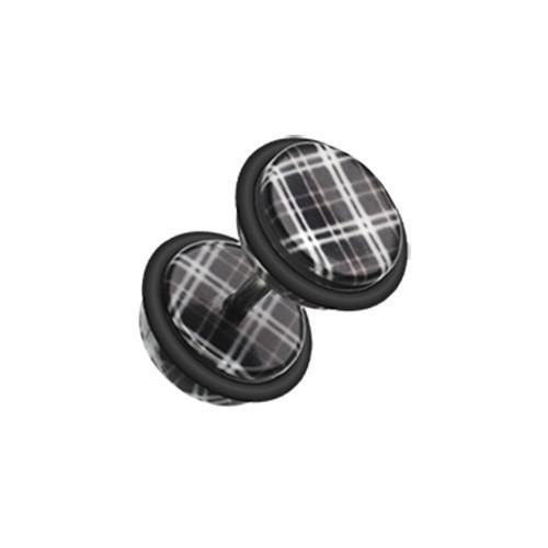 Black Plaid Checkers Acrylic Fake Plug w/ O-Rings - 1 Pair