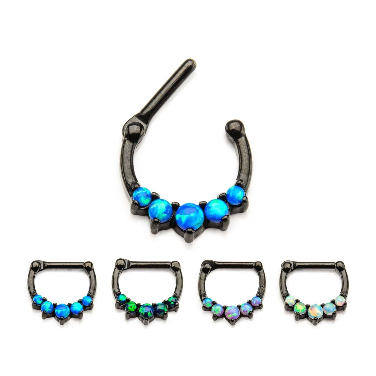 Black Plated Septum Clicker / Daith Clicker w/ 5 Prong Set Synthetic Opal Cabochons sbvsept4106-pk - 1 Piece