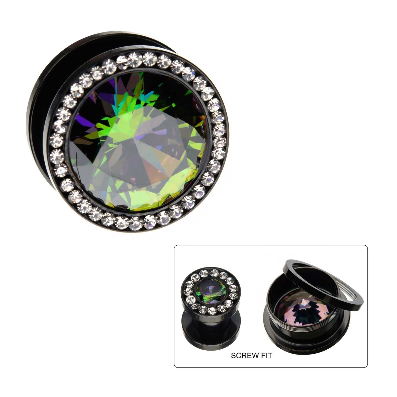 Black Plated Vitrail Medium and Clear CZ Gem Screw Fit Double Flared Ear Gauge Plugs - 1 Pair
