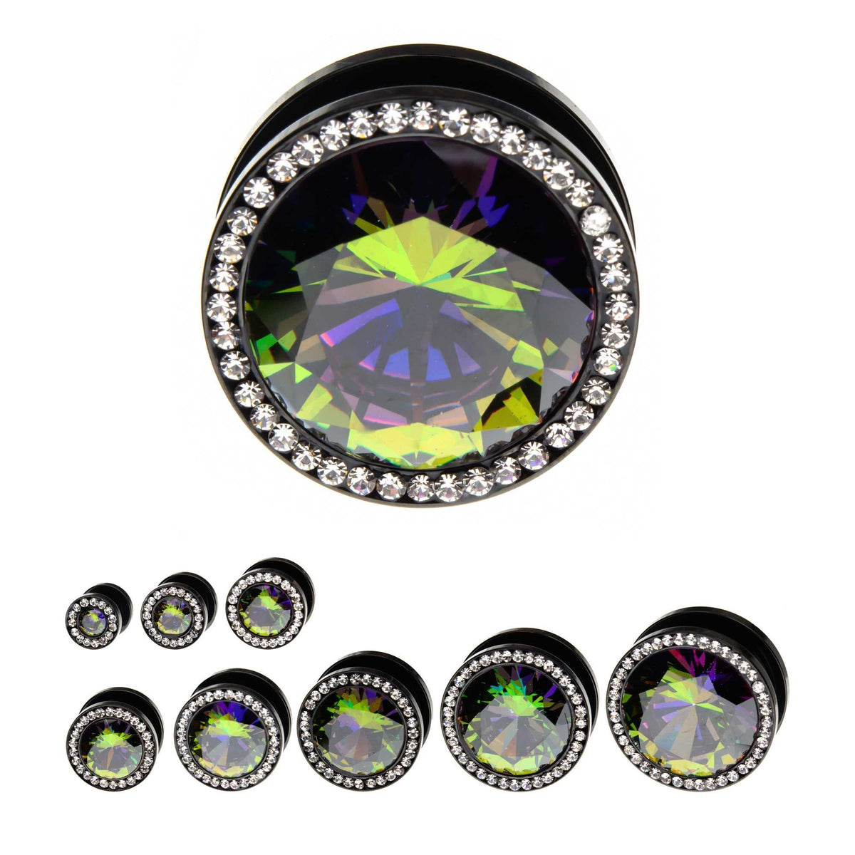 Black Plated Vitrail Medium and Clear CZ Gem Screw Fit Double Flared Ear Gauge Plugs - 1 Pair