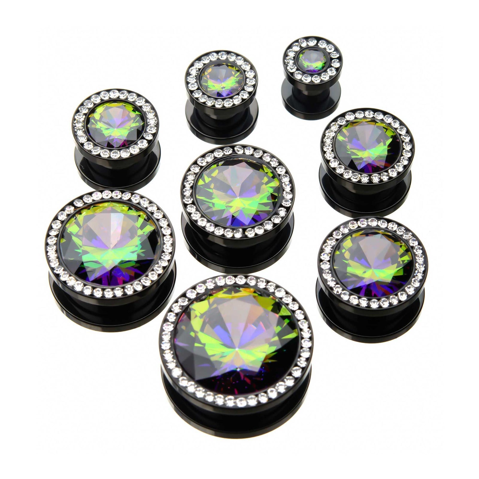 Black Plated Vitrail Medium and Clear CZ Gem Screw Fit Double Flared Ear Gauge Plugs - 1 Pair