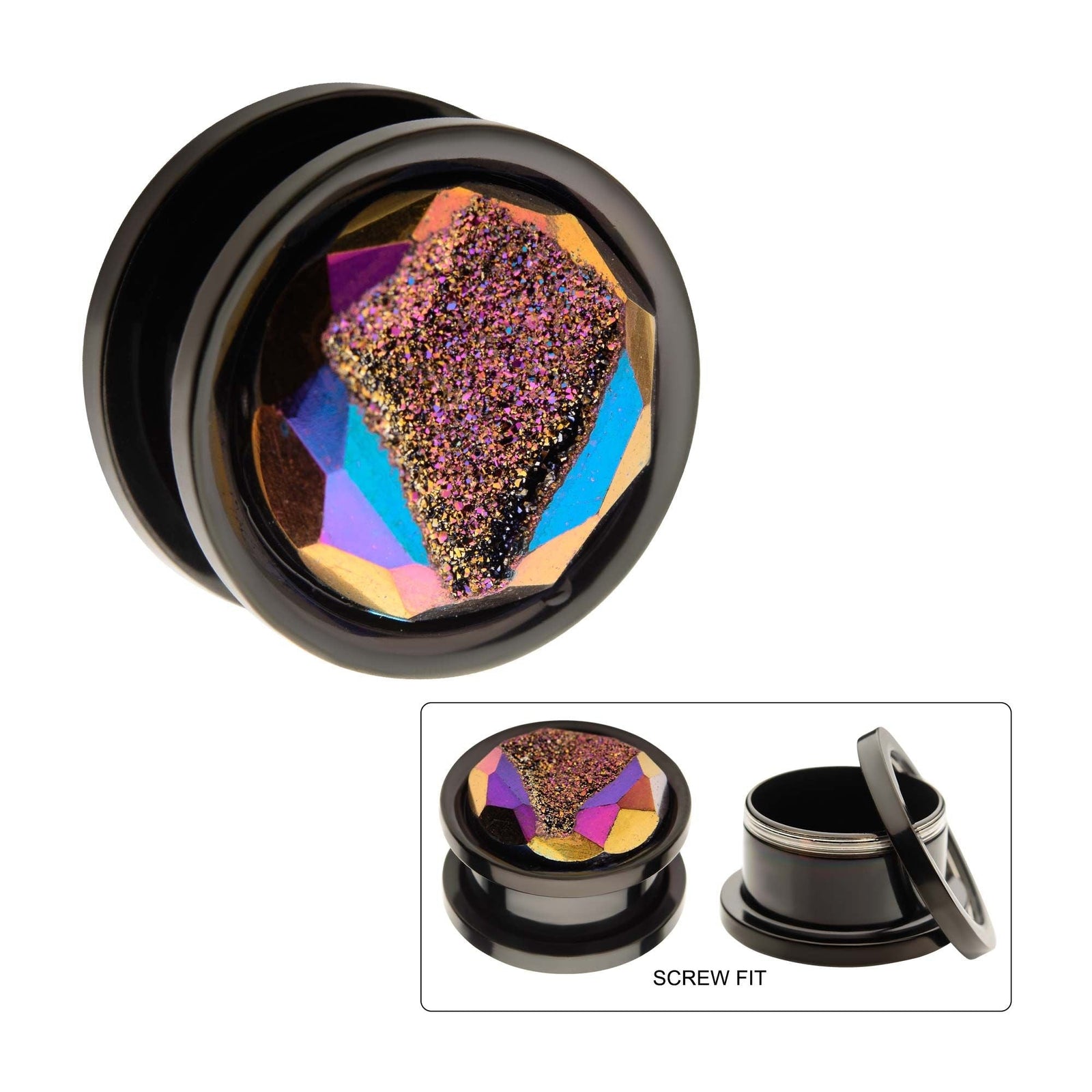 TBD-Plugs Black PVD Aurora Borealis Druzy Stone Screw Fit Plug -Rebel Bod-RebelBod