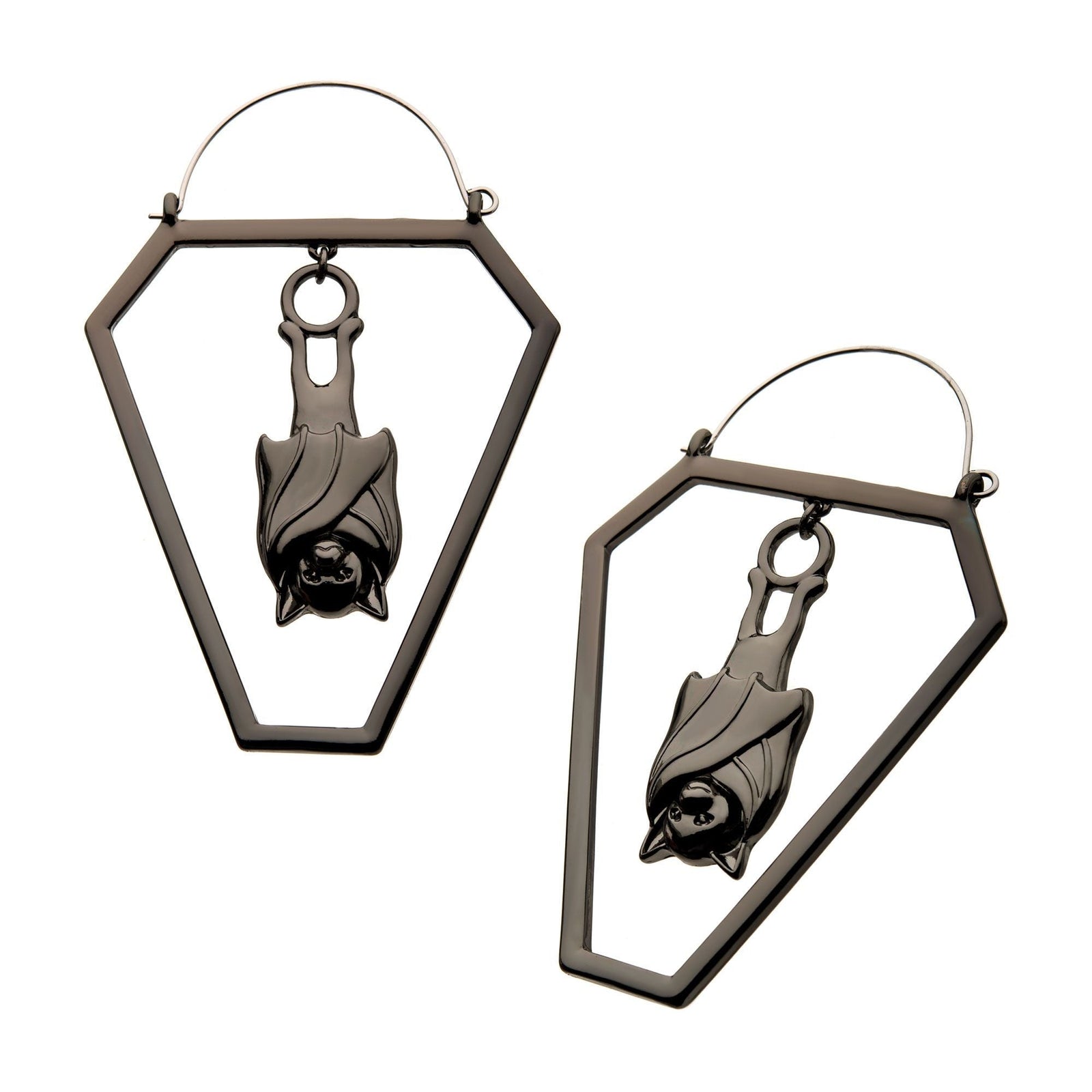 Tapers - Hanging Black PVD Cut Out Bat in Coffin Plug Hoops -Rebel Bod-RebelBod