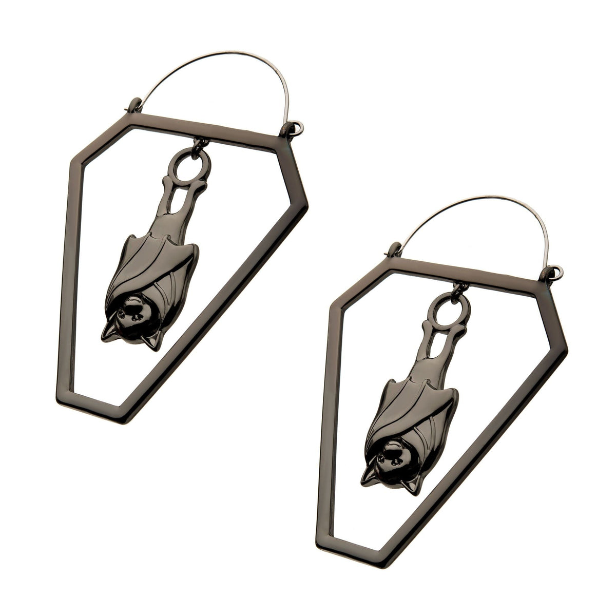 Tapers - Hanging Black PVD Cut Out Bat in Coffin Plug Hoops -Rebel Bod-RebelBod