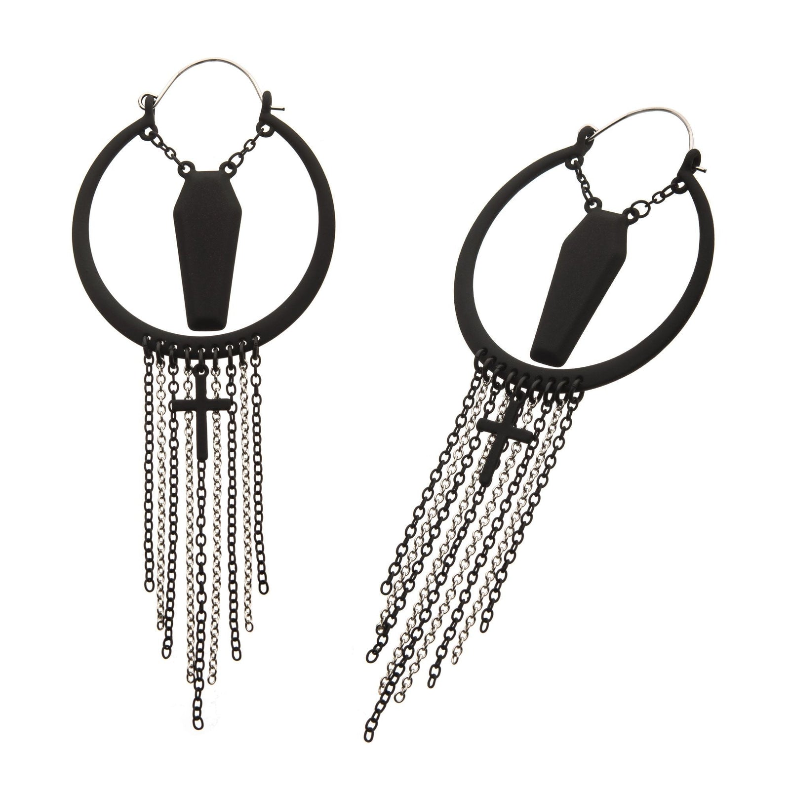 Tapers - Hanging Black PVD Cut Out Coffin Chains Cross Plug Hoops -Rebel Bod-RebelBod