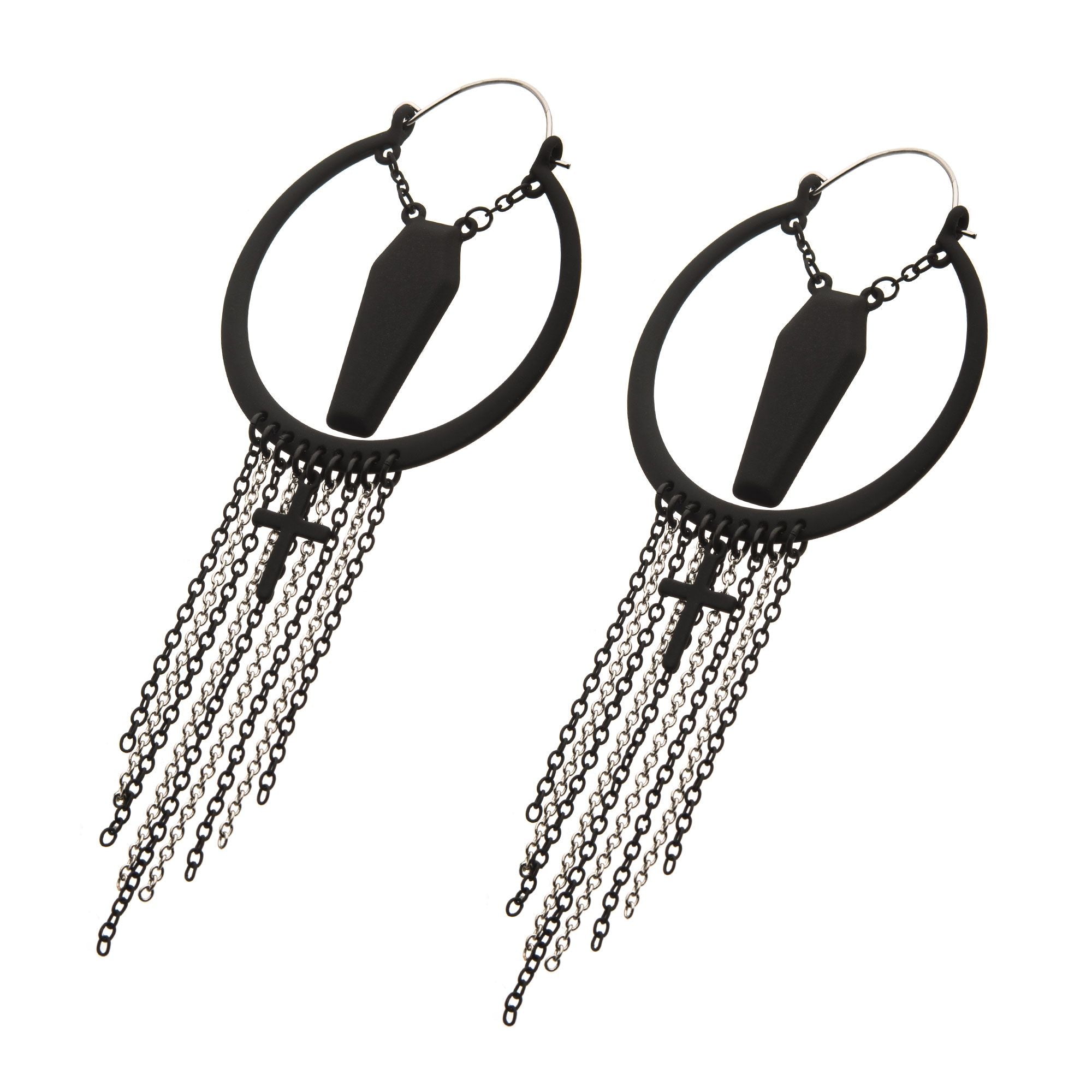 Tapers - Hanging Black PVD Cut Out Coffin Chains Cross Plug Hoops -Rebel Bod-RebelBod