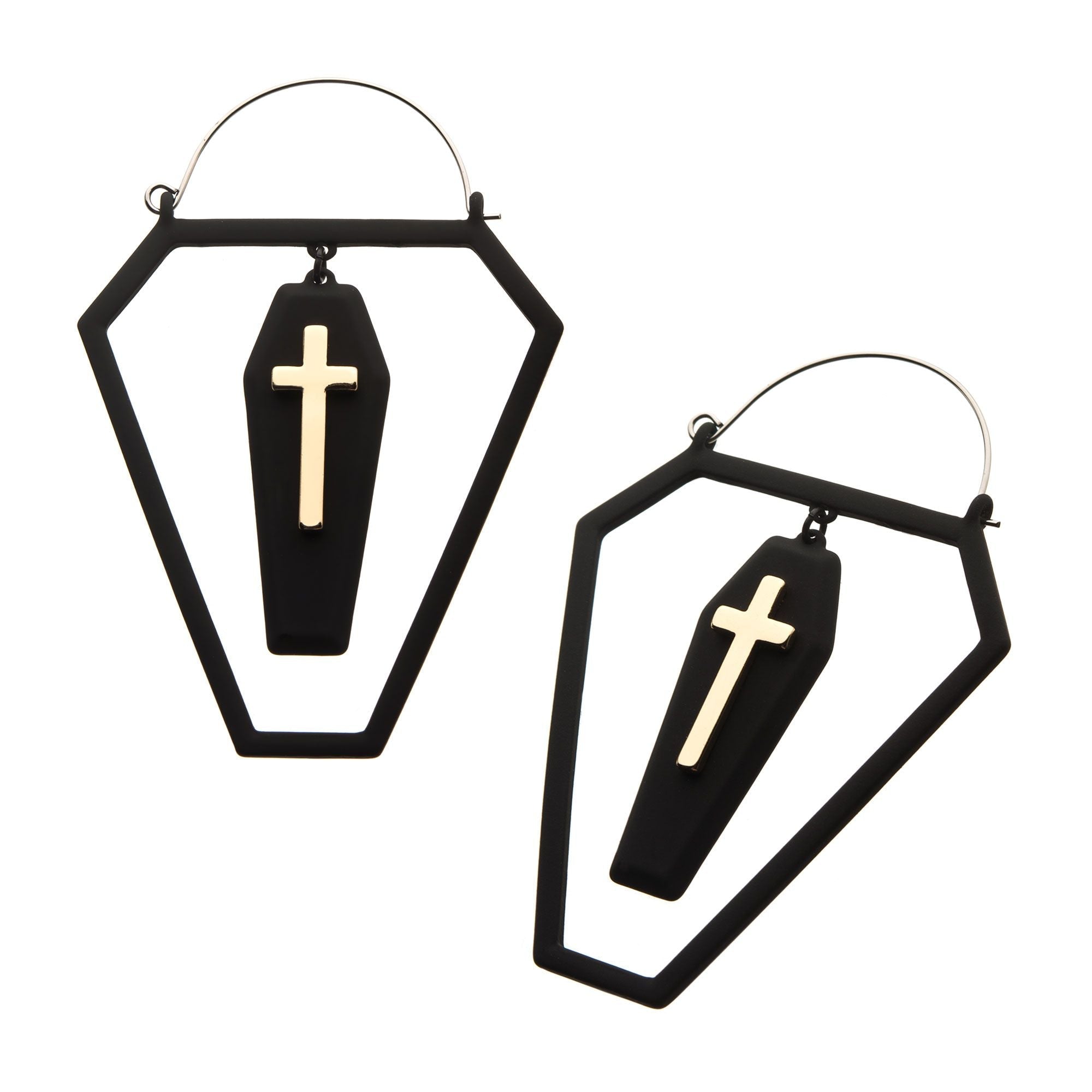 Tapers - Hanging Black PVD Cut Out Coffin Gold PVD Cross in a Coffin Plug Hoops -Rebel Bod-RebelBod