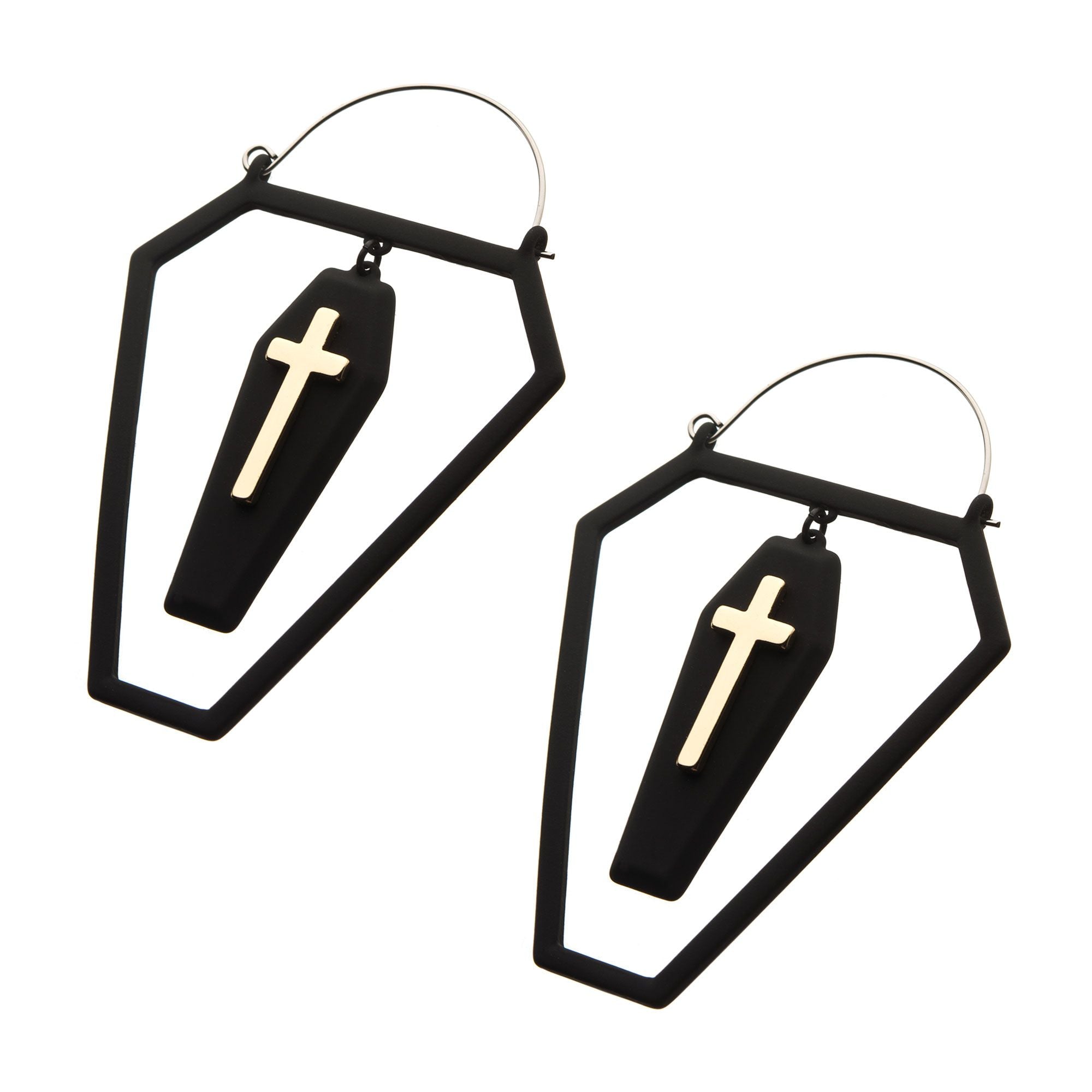 Tapers - Hanging Black PVD Cut Out Coffin Gold PVD Cross in a Coffin Plug Hoops -Rebel Bod-RebelBod