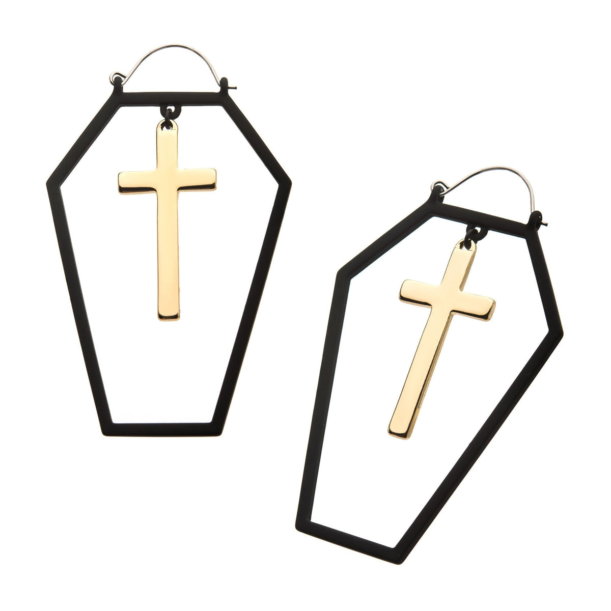 Tapers - Hanging Black PVD Cut Out Coffin Gold PVD Cross Plug Hoops -Rebel Bod-RebelBod