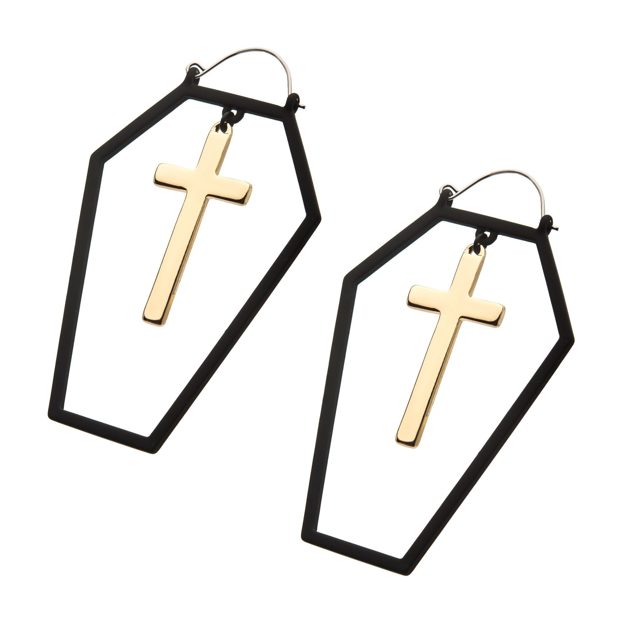 Tapers - Hanging Black PVD Cut Out Coffin Gold PVD Cross Plug Hoops -Rebel Bod-RebelBod