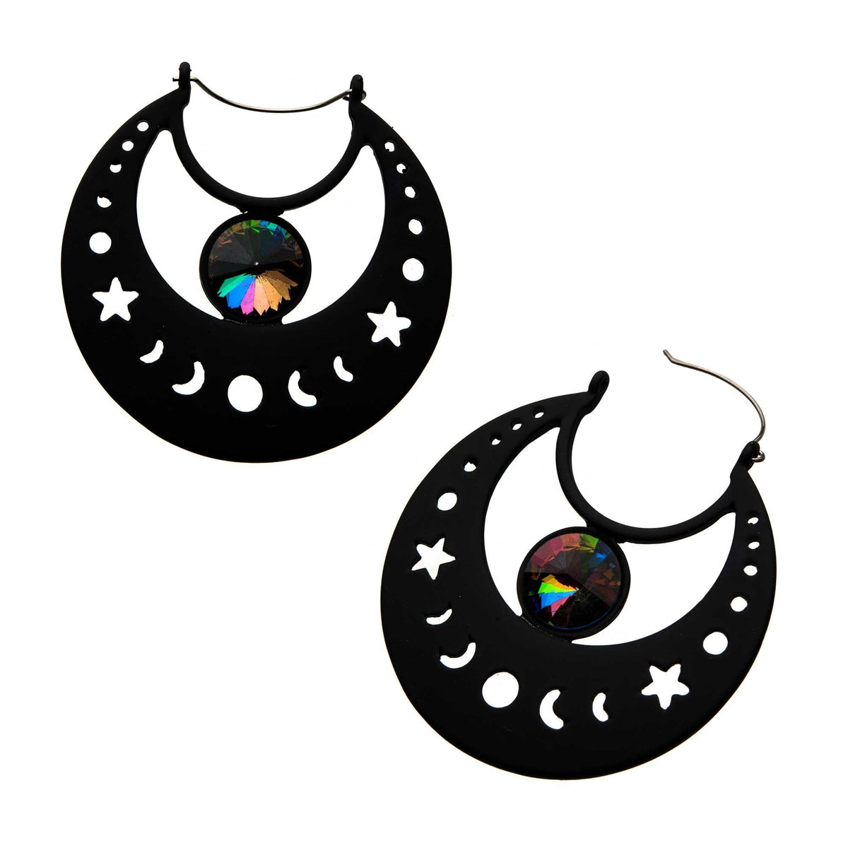 Tapers - Hanging Black PVD Cut Out Moon Phase Plug Hoop Vitrail Medium Gem -Rebel Bod-RebelBod