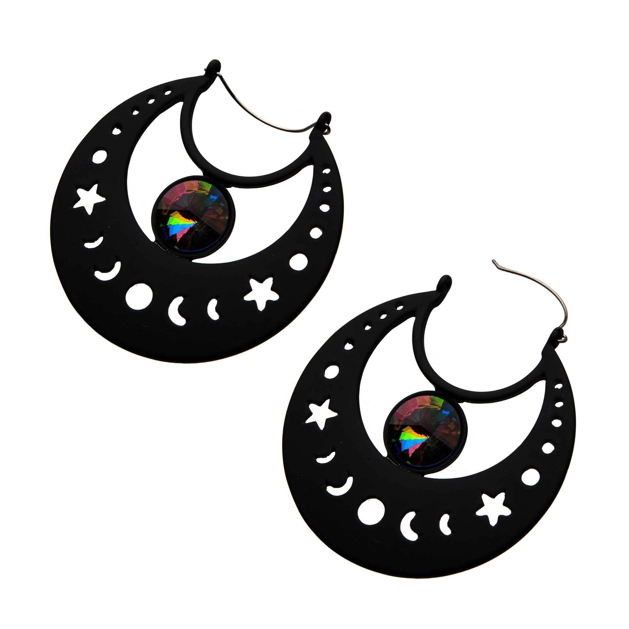 Tapers - Hanging Black PVD Cut Out Moon Phase Plug Hoop Vitrail Medium Gem -Rebel Bod-RebelBod