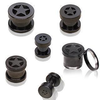 Black PVD Plated 316L Double Flared Screw Fit Flesh Tunnel Plug  w/ Star - 1 Piece
