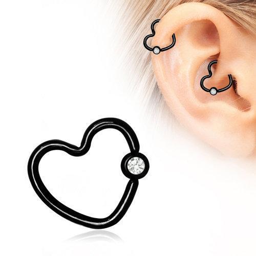Black PVD Plated Heart Daith Helix Earring w/ Clear CZ Captive