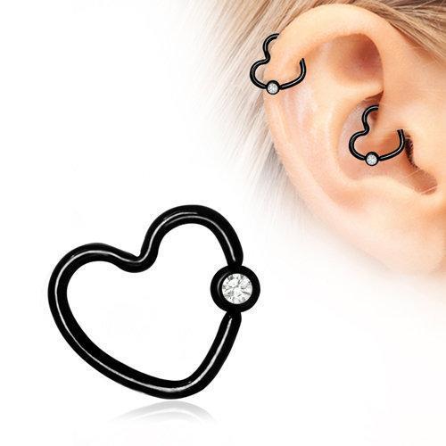 Black PVD Plated Heart Daith / Helix Earring w/ Clear CZ Captive Bead Ring - 1 Piece