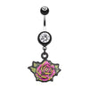 Black Retro Tattooed Rose Belly Button Ring