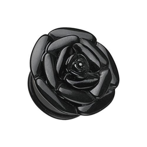 Plugs Earrings - Single Flare Black Rose Blossom Flower Single Flared Ear Gauge Plug - 1 Pair -Rebel Bod-RebelBod