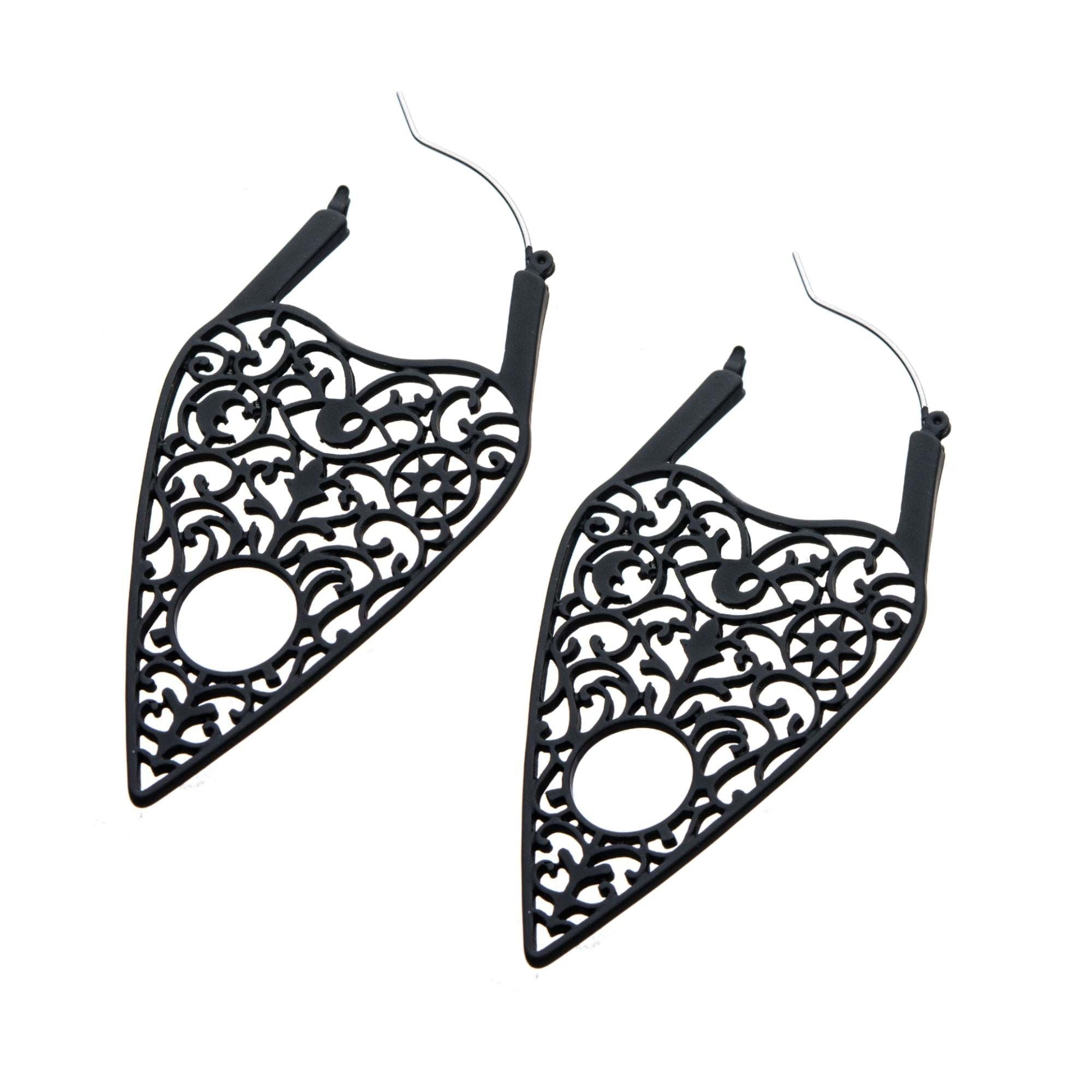 Tapers - Hanging Black Silicone Coated Matte Finish Planchette Hoop Earrings -Rebel Bod-RebelBod