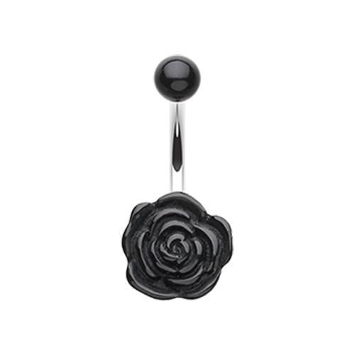 Black Simple Rose Bloom Belly Button Ring