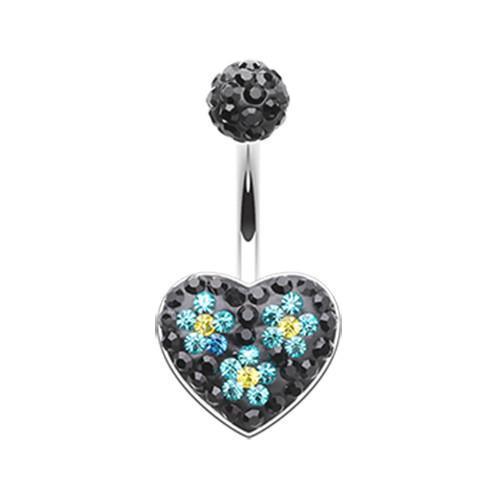 Black/Teal Dark Blossom Heart Crystal Multi-Sprinkle Dot Belly Button Ring