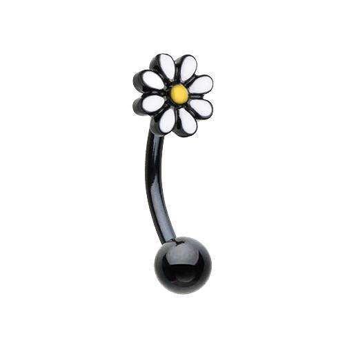 CURVED BARBELL Black/White/Yellow Black Dainty Daisy Enamel Curved Barbell Eyebrow Ring -Rebel Bod-RebelBod