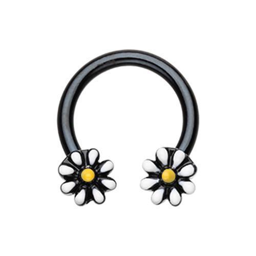 Black/White/Yellow Black Daisy Flower Horseshoe Circular Barbell