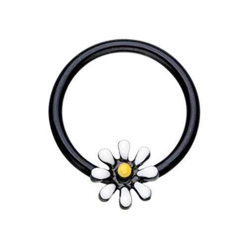 Black/White/Yellow Black Daisy Flower Captive Bead Ring