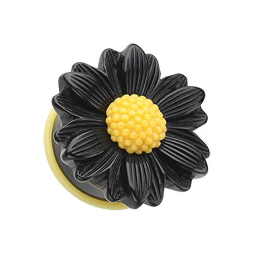 Black/Yellow Cutesy Daisy Flower Single Flared Ear Gauge Plug - 1 Pair