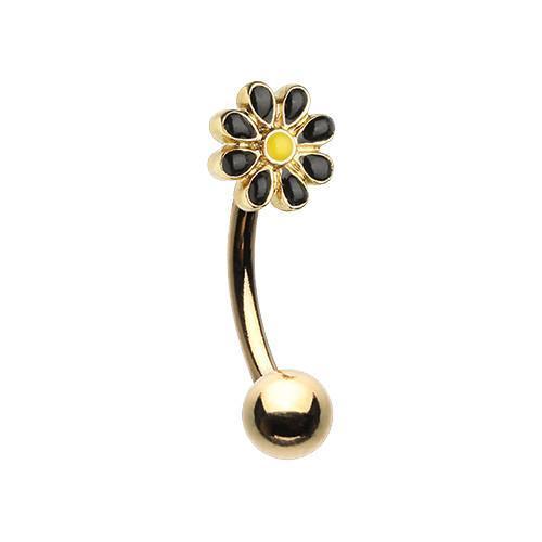 Black/Yellow Golden Dainty Daisy Enamel Curved Barbell Eyebrow Ring