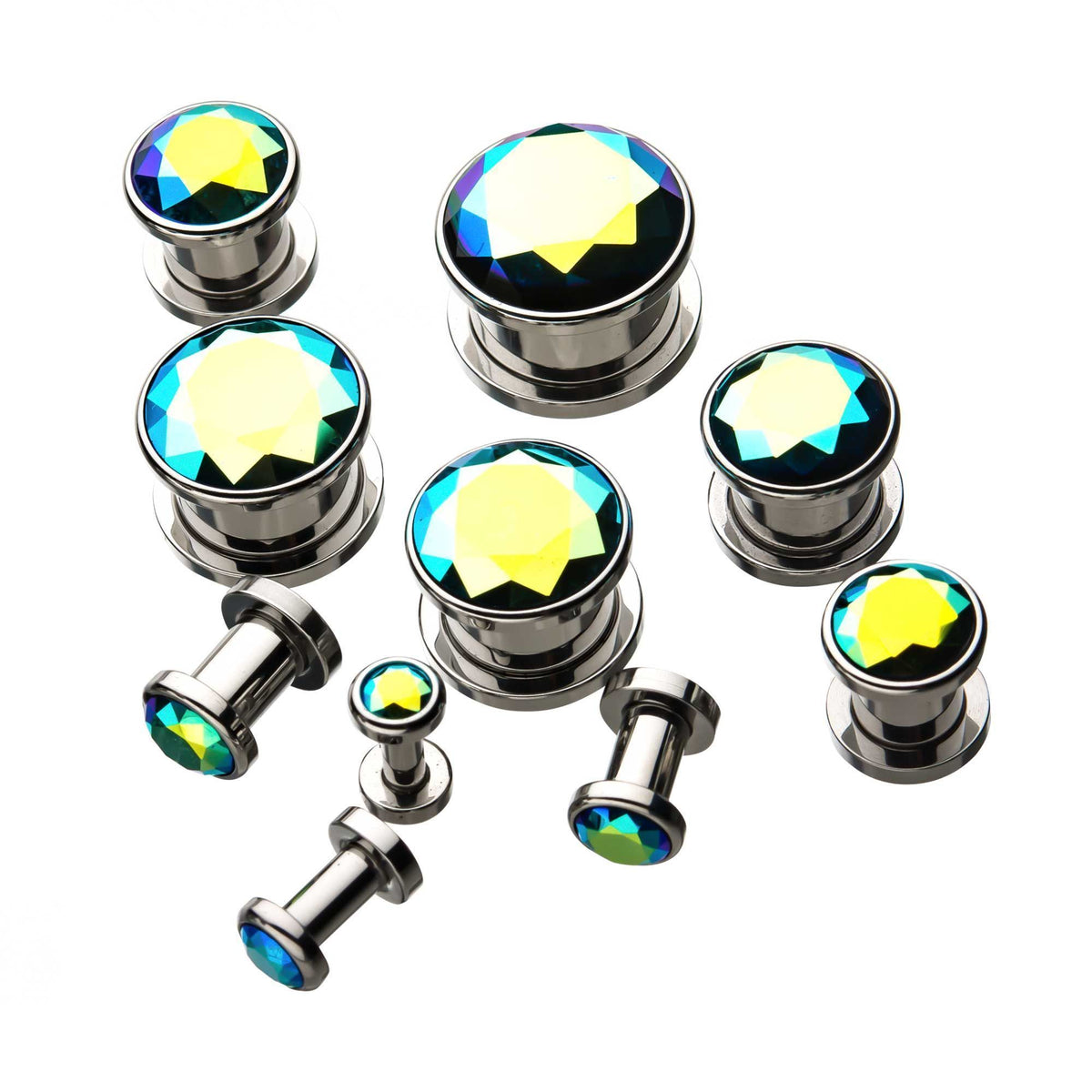 Plugs Earrings - Double Flare Blue and Aurora Borealis Iridescent CZ Plugs - 1 Pair sbvps2836bab -Rebel Bod-RebelBod
