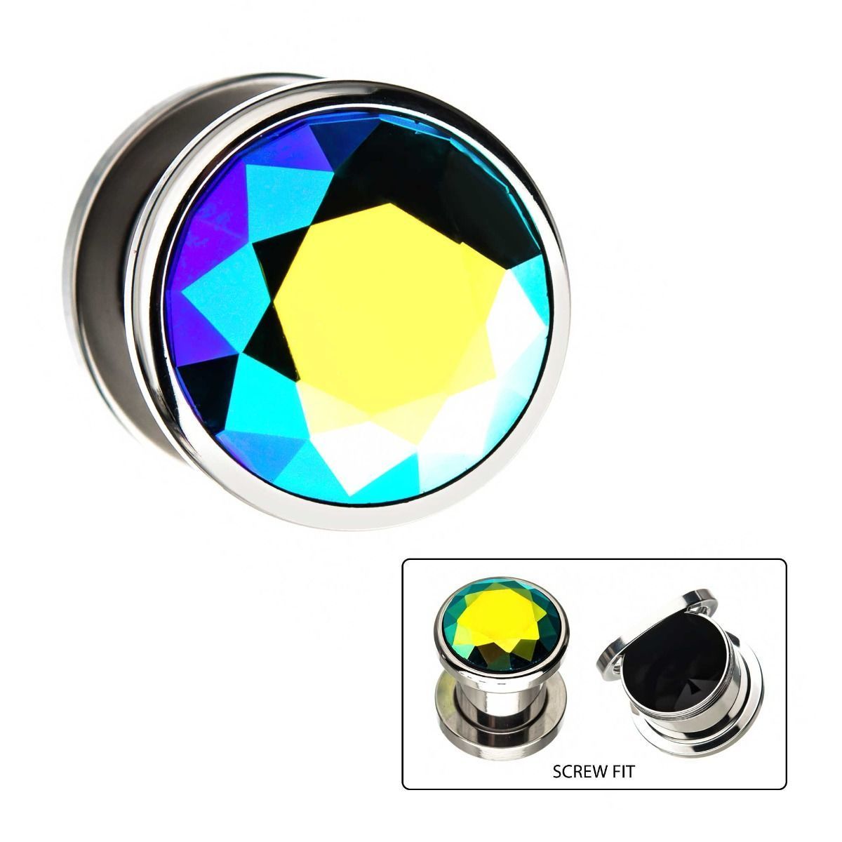Plugs Earrings - Double Flare Blue and Aurora Borealis Iridescent CZ Plugs - 1 Pair sbvps2836bab -Rebel Bod-RebelBod