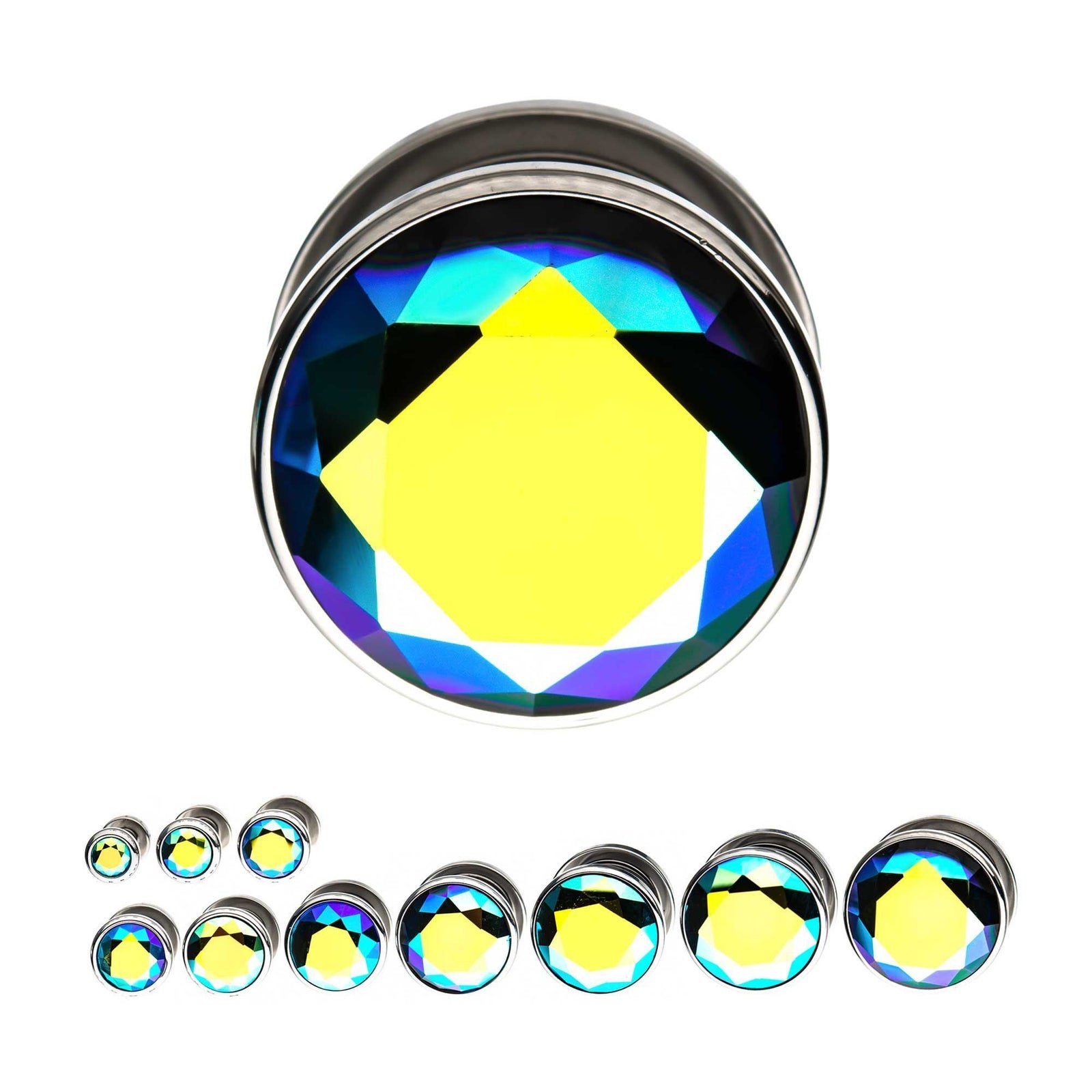 Plugs Earrings - Double Flare Blue and Aurora Borealis Iridescent CZ Plugs - 1 Pair sbvps2836bab -Rebel Bod-RebelBod