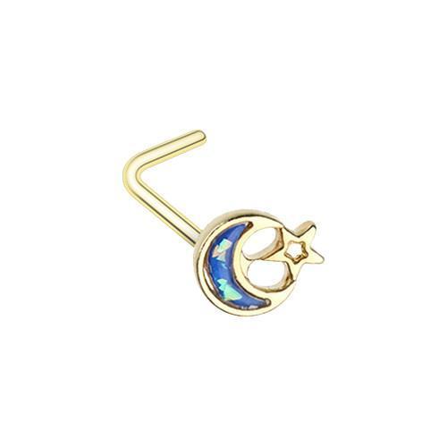 Blue Golden Opal Crescent Moon Star L-Shape Nose Ring