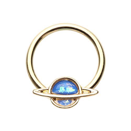 Blue Golden Saturn Planet Glitter Opal Captive Bead Ring