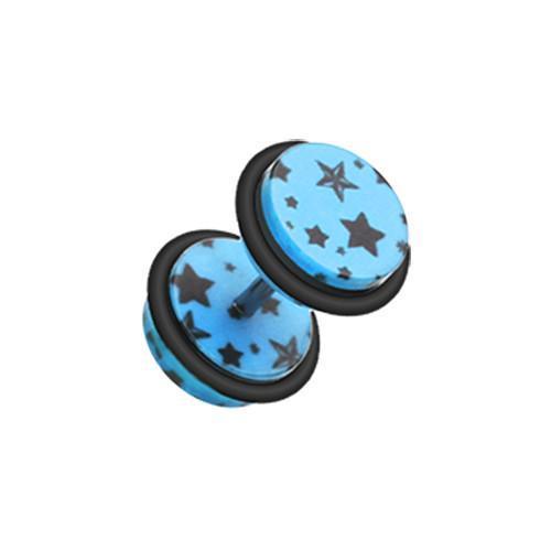 Blue Multi Star Print Acrylic Fake Plug w/ O-Rings - 1 Pair