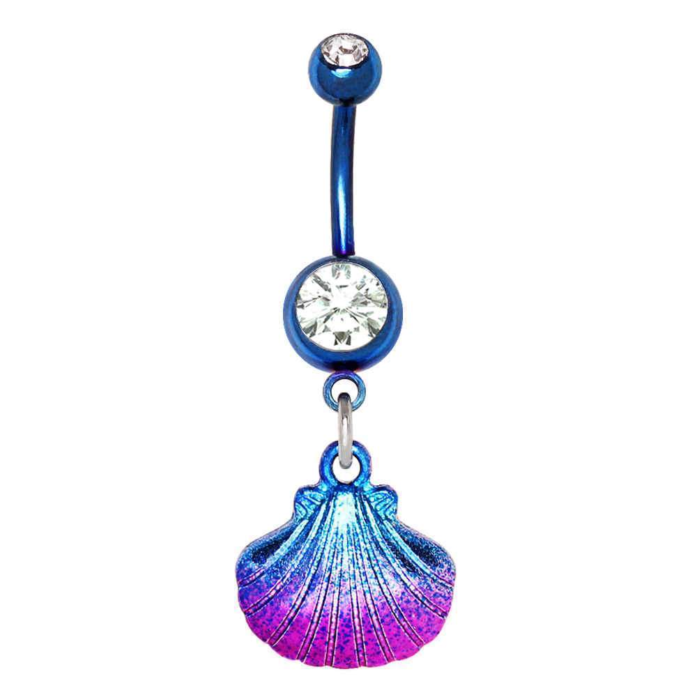Blue PVD Plated Navel Ring w/ Blue Pink Seashell Dangle