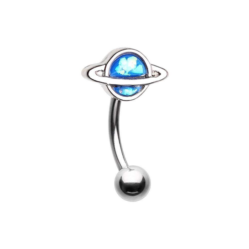 Blue Saturn Planet Curved Barbell Eyebrow Ring