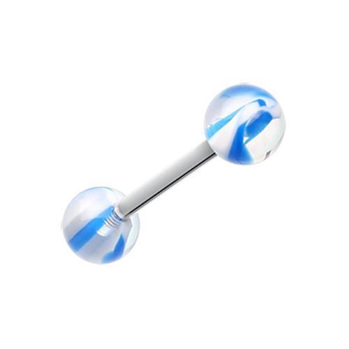 Blue/White Marble Lace Acrylic Top Barbell Tongue Ring