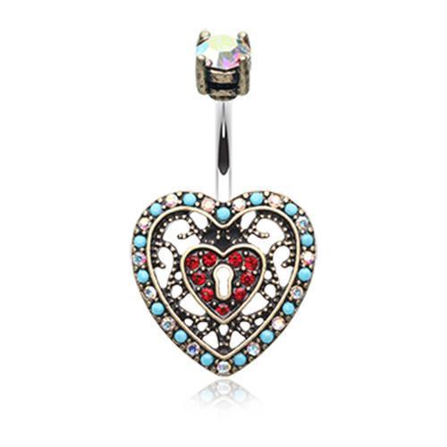 Brass/Aurora Borealis/Red Vintage Boho Filigree Heart Lock Belly Button Ring