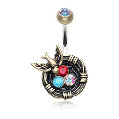 Brass/Aurora Borealis/Turquoise Vintage Boho Sparrow Birdnest Belly Ring