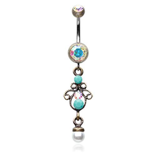 Brass/Aurora Borealis/Turquoise Vintage Brass Burnish Elegant Jeweled Pearl Belly Button Ring